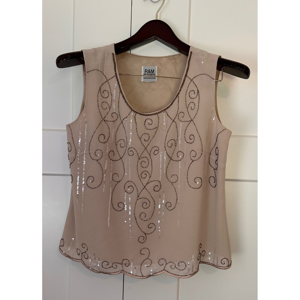 R&M Richards Champagne Beige Beaded Sequin Scalloped Hem Sleeveless Blouse XL